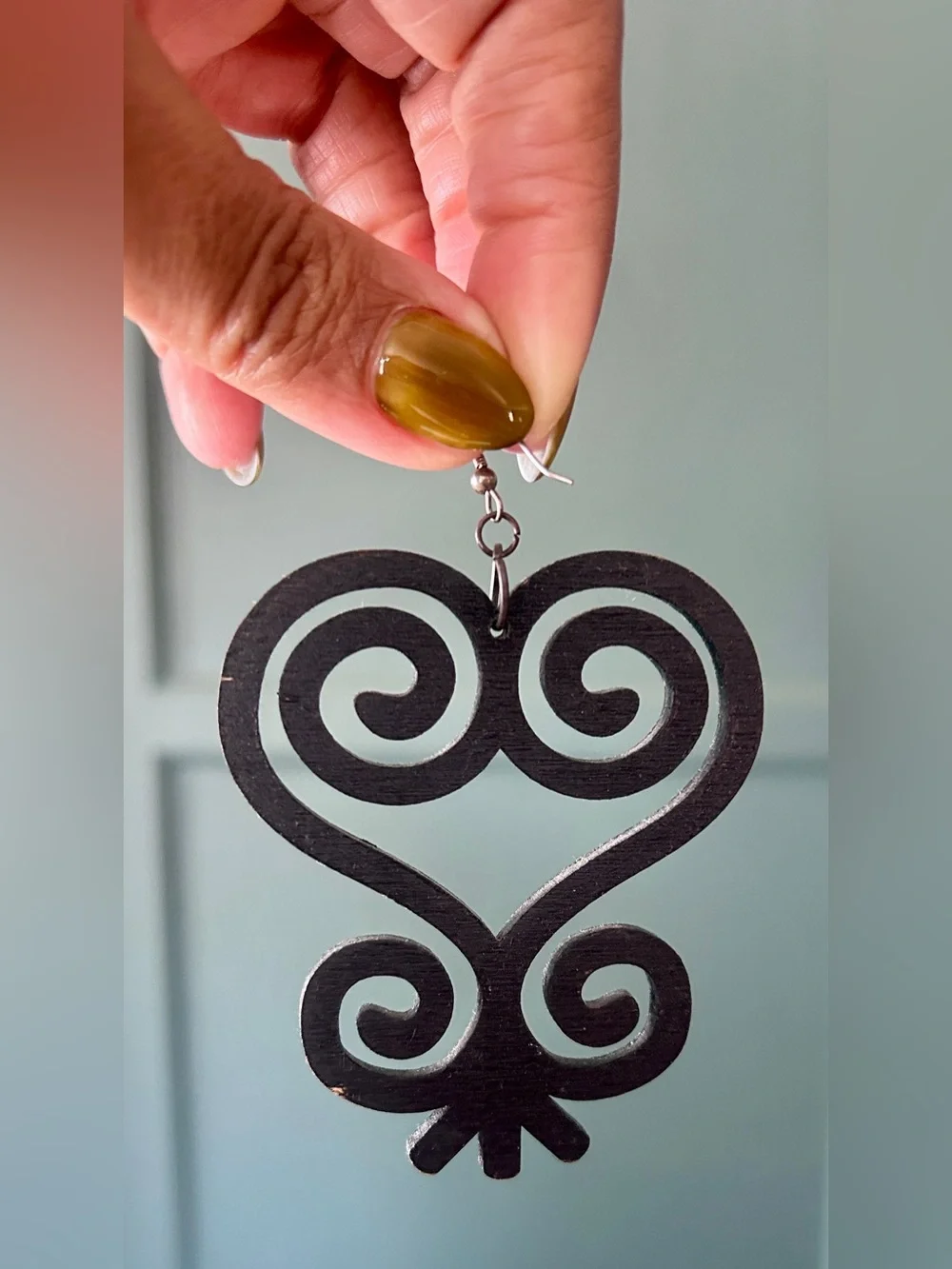 Black Sankofa Heart Wood Drop Earrings Adinkra Symbol Jewelry